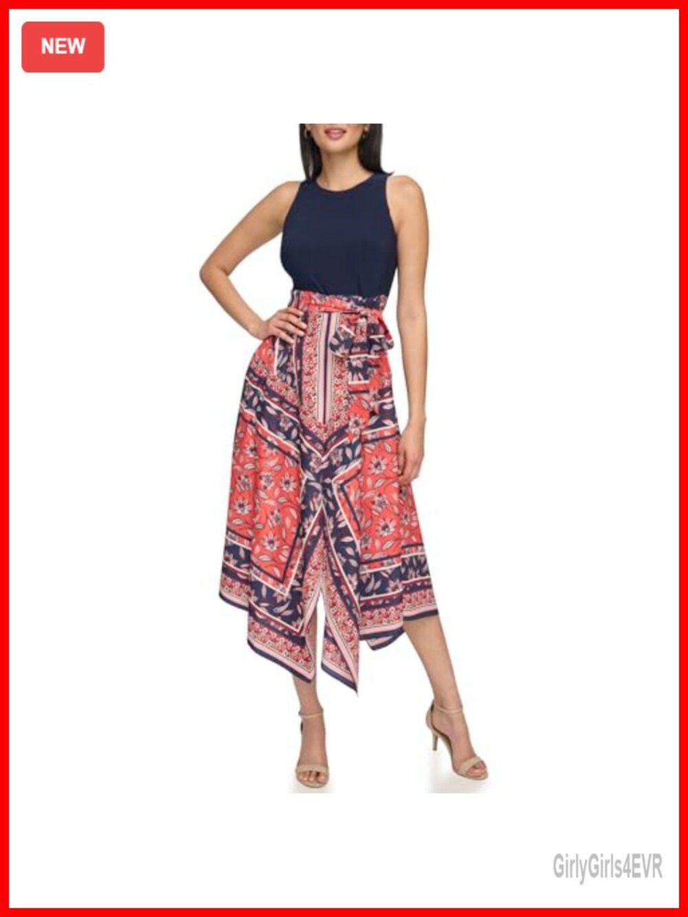 Sleeveless High Neck Tie Waist Handkerchief Midi Dress